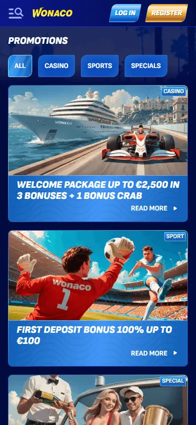 Wonaco Casino promotions area on a mobile phone