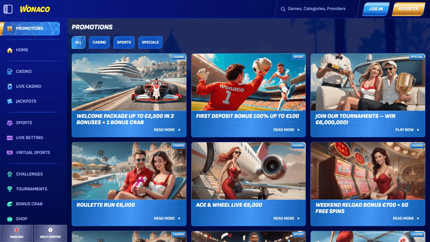 Wonaco Casino promotions area on a desktop computer