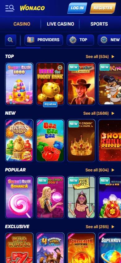 Wonaco Casino games area on a mobile phone