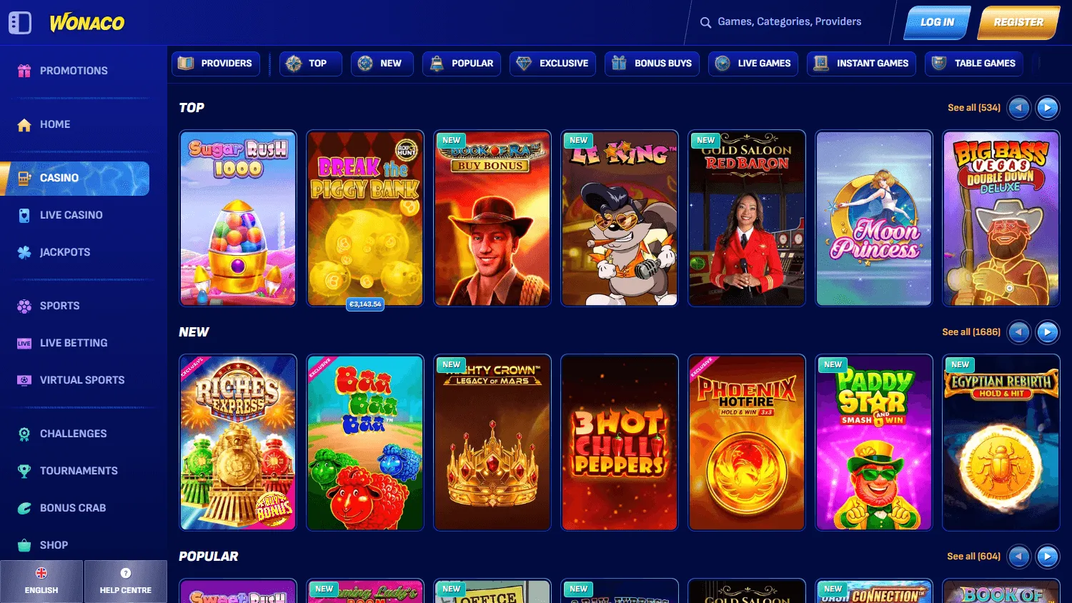 Wonaco Casino games area on a desktop computer