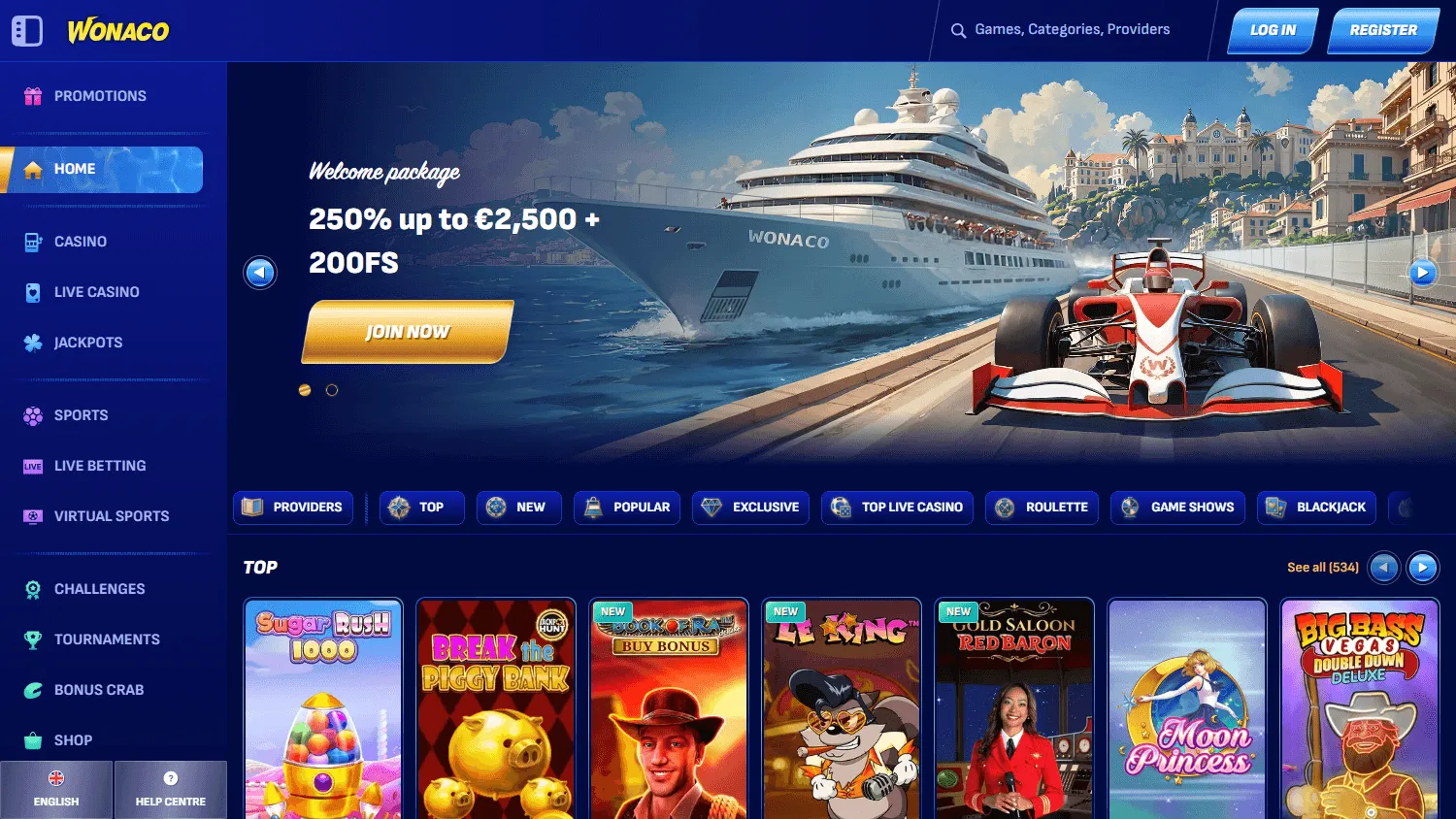 Wonaco Casino homepage on a desktop computer