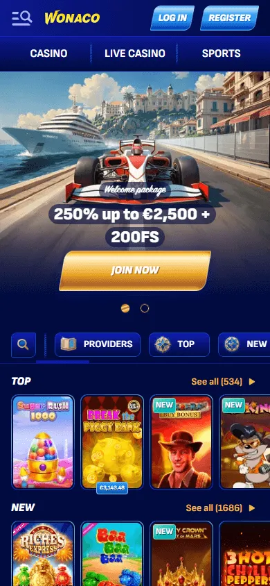 Wonaco Casino homepage on a mobile phone